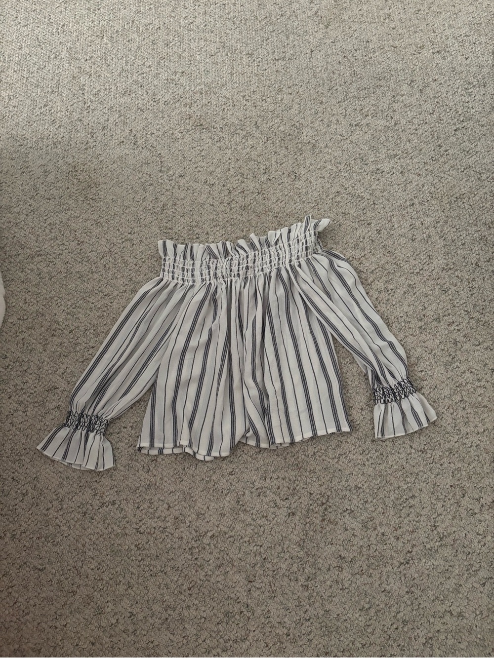Striped White Off-Shoulder Smocked Blouse